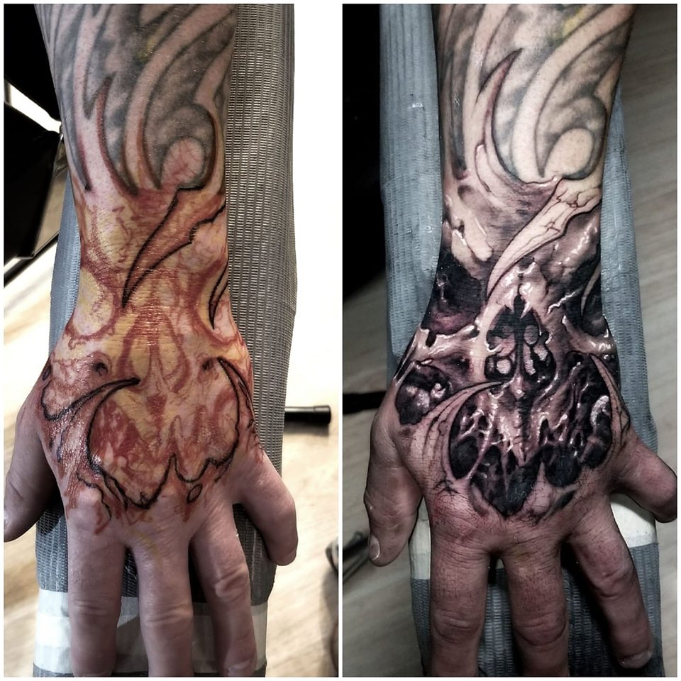 Horned Skull on Hand Cover-Up