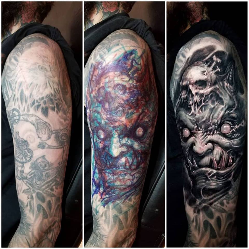 Smiling Horned Monster with Skull Cover-Up