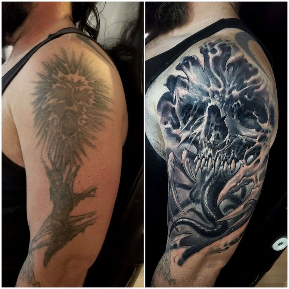 Skull with Tongue and Claws Cover-Up